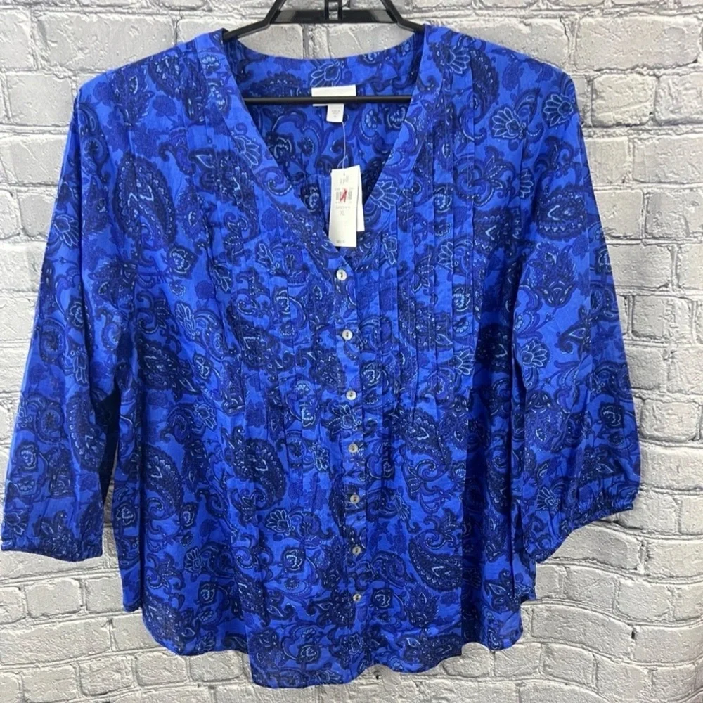 J.Jill Blue Paisley Cotton Voile Pintuck Button Front Blouse - Size Large - Picture 2 of 5
